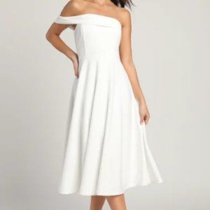 Lulu's Sweet Elegance White Off-the-shoulder Asymmetrical Midi Dress